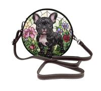 Stained Glass French Bulldog Puppy Women Round Crossbody Bags Leather Sling Bag Purse