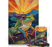 Stained Glass Frog Sunset Puzzles for Teenagers 1000 Pieces Think Smart Toy Soothing Play Smooth Cut Amazing Present (38x26cm)