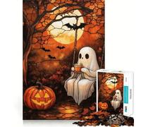 Stained Glass Ghost And Coffee Under The Moon Jigsaws 1000 Pieces for Adults Brain Challenge Toy Peaceful Time Clear Cut Art Collectible (38x26cm)
