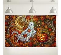 Stained Glass Ghost and Pumpkins Autumn Backdrop Banner 71x43 Inch | Stained Glass Art, Photo Backdrop, Autumn Maple Leaves, Jack-o'-lantern, Crescent Moon, Seasonal Wall Hanging