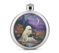 Stained Glass Ghost Reading Wildflowers Field Stainless Steel Hip Flask for Liquor, Round Pocket Portable Wine Flask for Drink 5 Oz