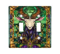 Stained Glass Goat Light Switch Cover Plates/Wall Outlet Covers, Emerald Green Autumn Rustic Décor, Decorative Wall Accents, Thermoplastic Standard Size Double Toggle