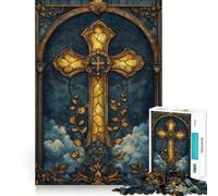 Stained Glass Golden Cross Jigsaw Puzzles 1000 Pieces for Adults Memory Boost Warm Time Image Assembly Fine Art Piece (38x26cm)