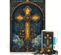 Stained Glass Golden Cross Teenagers 1000 Piece Jigsaw Puzzle Mind Exercise Toy Group Play Precision Cut Festival Gift (50x75cm)