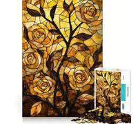 Stained Glass Golden Rose Jigsaw Puzzles for Adults 1000 Piece Memory Boost Cozy Time Pattern Assembly Santa Wish List (38x26cm)