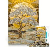 Stained Glass Golden Tree Jigsaw Puzzles for Teenagers 1000 Pieces Raise Memory Slow Enjoy Clean Edge (38x26cm)