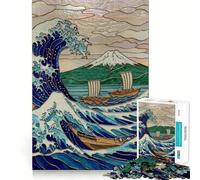Stained Glass Great Wave Jigsaw Puzzles 1000 Pieces for Adults Memory Boost Warm Time Image Assembly Fine Art Piece (38x52cm)