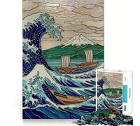 Stained Glass Great Wave Teenagers 1000 Piece Jigsaw Puzzle Memory Gain Light Relax Design Assembly Wall Art Decor (38x26cm)