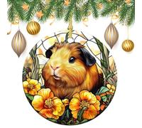 Stained Glass Guinea Pig Yellow Flowers Christmas Tree Hanging Ornaments,2 Pieces, 7.2CM Round Double-Sided