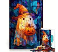 Stained Glass Halloween Ghost Wizard with Pumpkin Jigsaw Puzzles 1000 Pieces for Adults Memory Boost Warm Time Image Assembly Fine Art Piece (50x75cm)