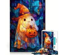 Stained Glass Halloween Ghost Wizard with Pumpkin Teenager Jigsaw Puzzles 1000 Pieces Memory Boost Home Activity Pattern Assembly Perfect Present (38x26cm)