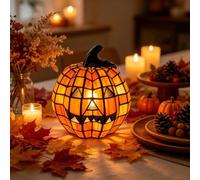 Stained Glass Halloween Pumpkin Resin Table Lamp, Vintage Warm Glow (L)