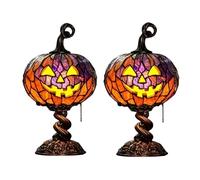 Stained Glass Halloween Pumpkin Table Lamp,Vintage Warm Glow,USB (2 Pcs)