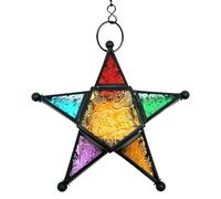Stained Glass Hanging Lantern - Moroccan Style Star Light Holder, Teelight Candle Ornament | Pressed Glass Decor For Indoor Outdoor, Suspended Metal Lantern For Living Room Porch Or Festive Ambience