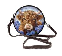 Stained Glass Highland Cattle Blue Flower Women Round Crossbody Bags Leather Sling Bag Purse