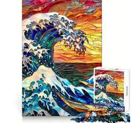 Stained Glass Hokusai Wave Jigsaw Puzzle for Adults 1000 Pieces Smart Game Tension Relief Pattern Assembly Heartfelt Gift 50x75cm