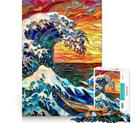 Stained Glass Hokusai Wave Jigsaw Puzzle for Adults 1000 Pieces Smart Game Tension Relief Pattern Assembly Heartfelt Gift 50x75cm