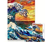 Stained Glass Hokusai Wave Jigsaw Puzzle for Adults 1000 Pieces Smart Reason Toy Group Joy Smooth Edge Fine Art Piece 38x26cm