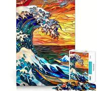 Stained Glass Hokusai Wave Jigsaw Puzzle for Adults 1000 Pieces Smart Reason Toy Group Joy Smooth Edge Fine Art Piece 38x26cm