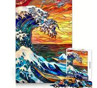 Stained Glass Hokusai Wave Jigsaw Puzzles for Adults 1000 Piece Enhance Recall Leisure Time Exact Edge Festival Gift 38x52cm