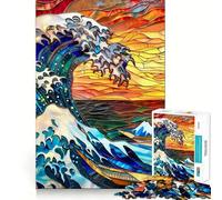 Stained Glass Hokusai Wave Jigsaw Puzzles for Adults 1000 Piece Enhance Recall Leisure Time Exact Edge Festival Gift 38x52cm