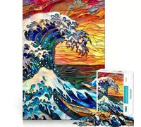 Stained Glass Hokusai Wave Jigsaw Puzzles for Adults 1000 Piece Smart Reason Toy Family Bond Smooth Edge Art Display 38x26cm