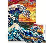 Stained Glass Hokusai Wave Jigsaw Puzzles for Adults 1000 Piece Smart Reason Toy Family Bond Smooth Edge Art Display 38x26cm