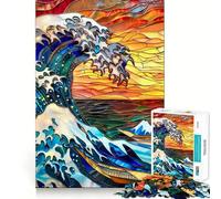 Stained Glass Hokusai Wave Jigsaw Puzzles for Adults 1000 Pieces Pure Logic Toy Stress Free Sharp Cut Santa Wish Item 50x75cm