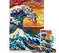 Stained Glass Hokusai Wave Teenagers 1000 Piece Jigsaw Puzzle Brain Challenge Toy Shared Fun Clear Cut Warm Surprise 38x52cm
