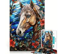 Stained Glass Horse Portrait with Flowers Adults Puzzles 1000 Piece Jigsaws Mind Exercise Toy Relaxed Mind Design Assembly Santa Wish Gift 38x52cm
