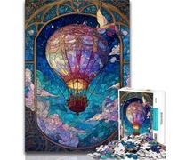 Stained Glass Hot Air Balloon 1000 Piece Jigsaw Puzzles for Teenagers,Stress Reliever Staycation Kill Time with Matching Poster And Trivia Sheet (38x26cm)