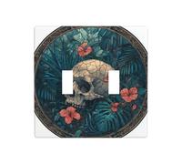 Stained Glass Human Skull Jungle Foliage Double Gang Toggle Light Cover Wall Plate Switch Decor Standard Size - 11.4x11.4cm