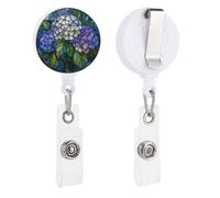 Stained Glass Hydrangea Flowers Light Blue Retractable Badge Holder Reel Clip ID Card Holder for Doctor Nurse Student Office Worker