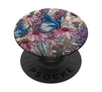 Stained Glass Inspired Butterflies Purple and Blue Floral Ar PopSockets Adhesive PopGrip