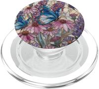 Stained Glass Inspired Butterflies Purple and Blue Floral Ar PopSockets PopGrip for MagSafe