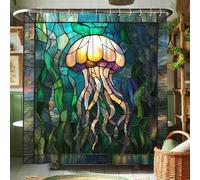 Stained Glass Jellyfish Shower Curtain, Ocean Blue Green Artistic Jelly Fish Bathroom Decor, Summer Coastal Rustic Waterproof Fabric Shower Curtain Set with Hooks 72x72 Inch