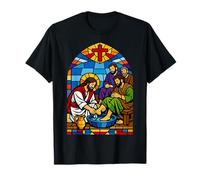 Stained Glass Jesus Washing Feet Humble Service Bible Art T-Shirt