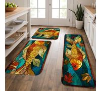 Stained Glass Kitchen Mats for Floor, Colorful Carp Fish Artistic Soft Mats, Cushioned Comfort Washable Non Slip Decor Rugs for Kitchen Sinks Laundryroom Bathroom 3Pcs