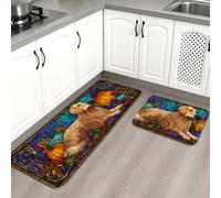 Stained Glass Kitchen Mats for Floor, Vintage Dog Design Soft Mats, Cushioned Comfort Washable Non Slip Decor Rugs for Kitchen Sinks Laundry Room Bathroom 2PCS