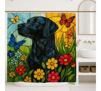 Stained Glass Labrador Shower Curtain, Vibrant Butterflies Flowers Bath Curtains for Bathroom Decor, Spring Summer Artistic Style Waterproof Fabric Set with Hooks 72x72 Inch