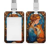 Stained Glass Lady and Fox ID Badge Holder Retractable Clip Card Holder Card Protector Name Badge Name Tag for Work Office Doctor Nurse