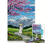 Stained Glass Landscape with Traveler Hard Jigsaw Puzzle for Adults 1000 Pieces Boost Recall Calm Escape Tight Edge 38x26cm