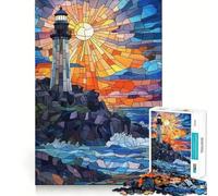Stained Glass Lighthouse Sunset 1000 Pieces Jigsaw Puzzles for Adults Smart Game Stress Release Pattern Assembly Xmas Surprise 38x52cm