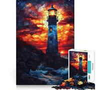 Stained Glass Lighthouse Sunset Jigsaw Puzzle for Adults 1000 Pieces Smart Game Tension Relief Pattern Assembly Heartfelt Gift 38x52cm