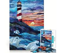 Stained Glass Lighthouse Sunset Jigsaw Puzzle for Adults 1000 Pieces Smart Reason Toy Group Joy Smooth Edge Fine Art Piece 38x52cm
