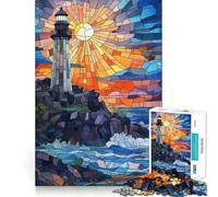 Stained Glass Lighthouse Sunset Jigsaw Puzzles 1000 Piece for Teenagers Mind Skill Toy Cozy Relax Design Assembly Thoughtful Gift 50x75cm