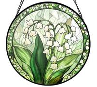 Stained Glass Lily of The Valley Suncatcher - 7.87 Inch Hand Painted Window Hanging with Chain, Stained Glass Floral Wall Decor for Family Friends - Gift for Mom, Grandma, Wife, Best Friend