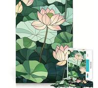 Stained Glass Lotus Flowers Illustration Hard Jigsaw Puzzle for Adults 1000 Pieces Boost Recall Calm Escape Tight Edge 38x26cm