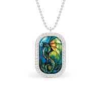 Stained Glass Majestic Green Dragon Rectangle Pendant Necklace Silver Women Jewelry Alloy Keychain Tag Jewelry