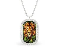 Stained Glass Majestic Lion Face Rectangle Pendant Necklace Silver Women Jewelry Alloy Keychain Tag Jewelry